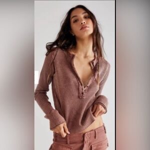 Free People One Colt Thermal Henley Shirt Size Small S Brown